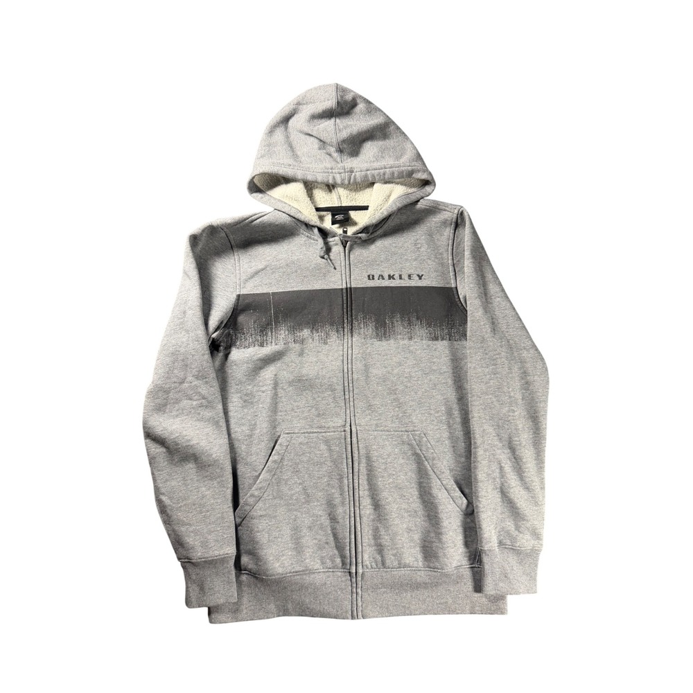 Oakley Mens Gray Full Zip Hoodie Y2K Skater Sherpa Lined Graphic Size Medium